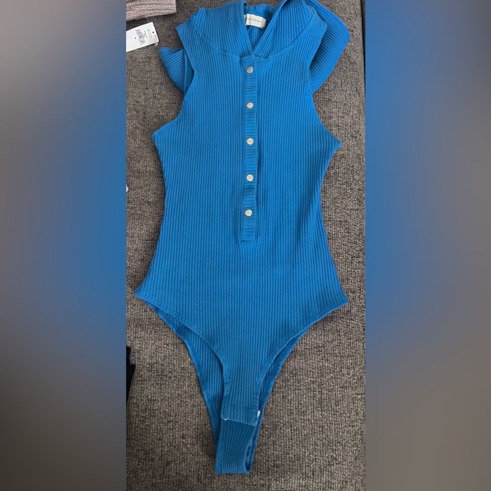 Ribbed Snap-Front One-Piece Bodysuit - Blue